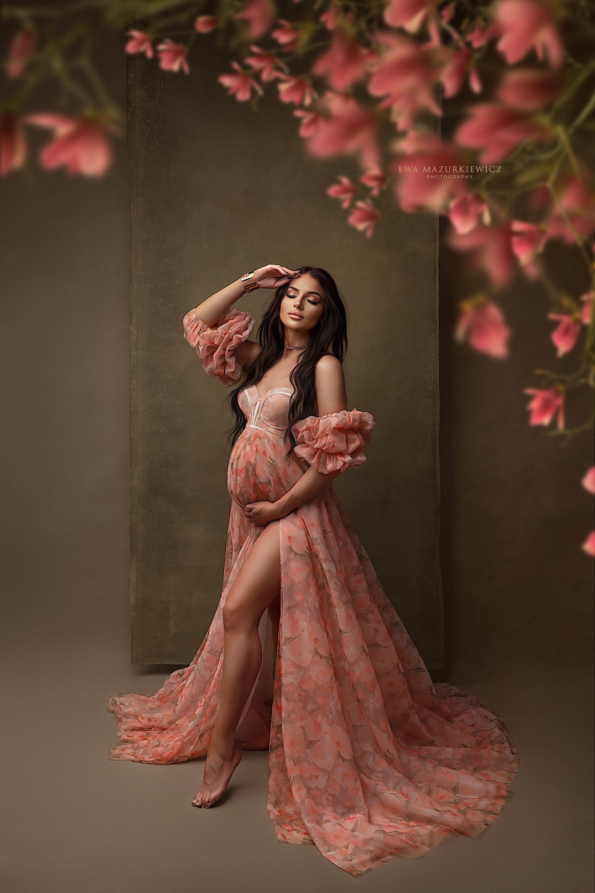 fine art maternity gown with floral tulle and slit skirt