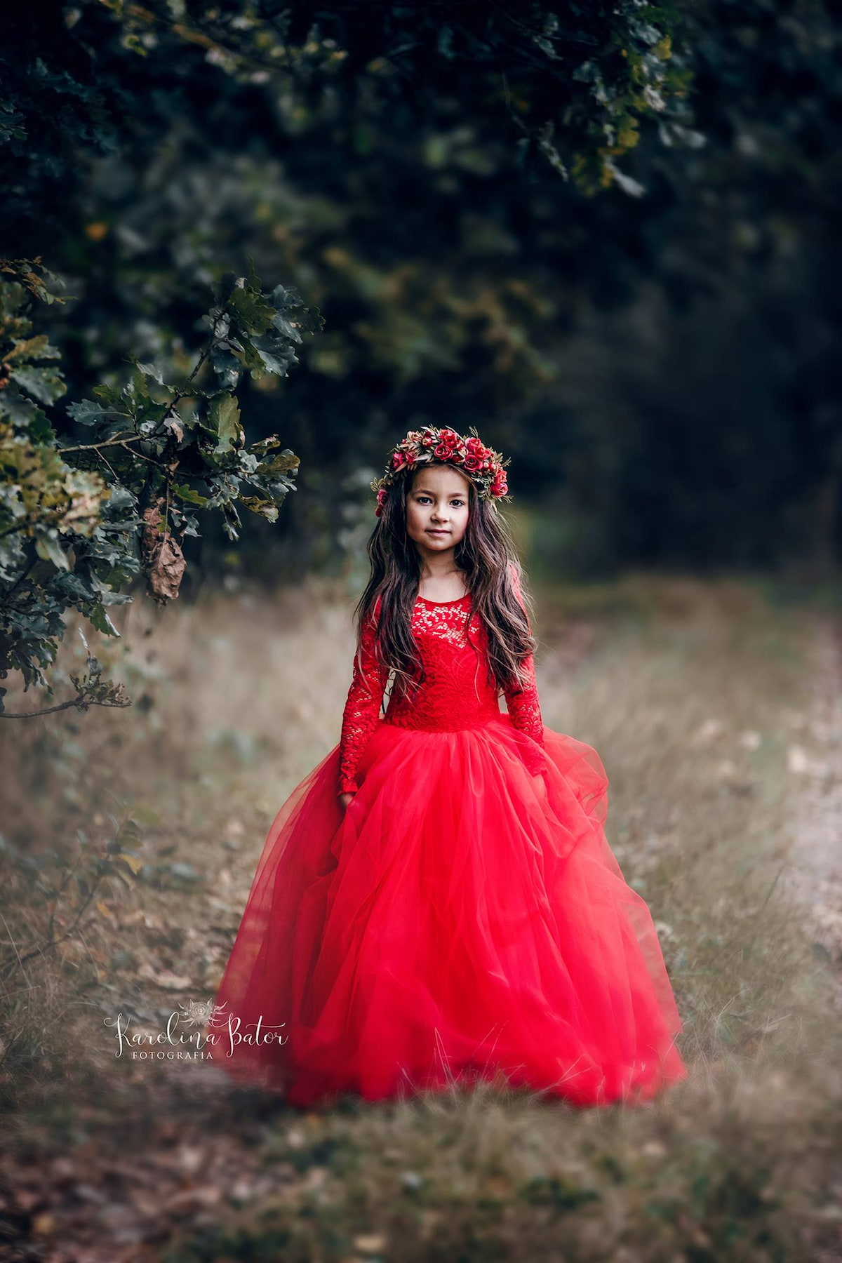 red tulle flower girl dress forest photoshoot boho style