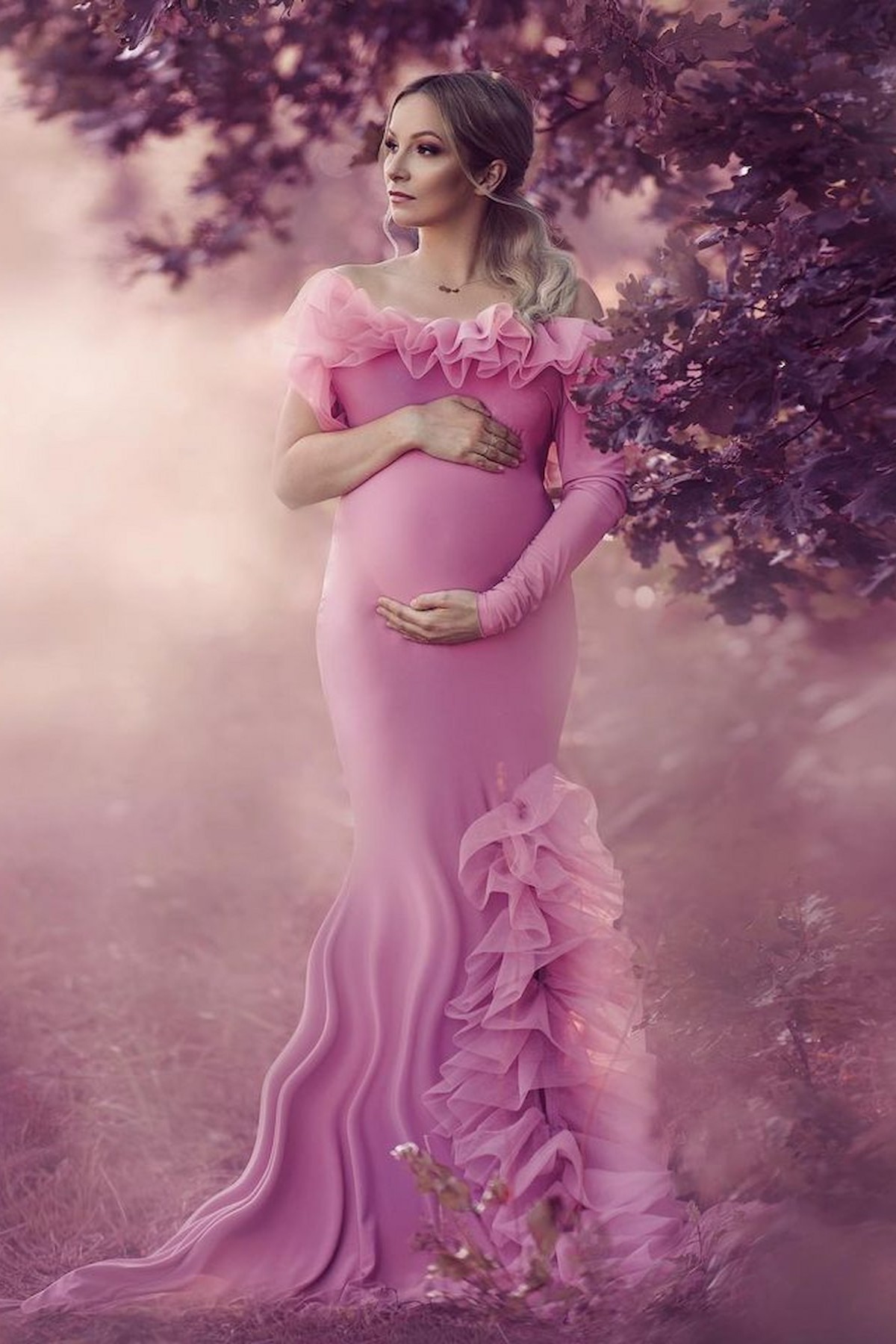 maternity photoshoot off shoulder fitted gown with tulle ruffle fine art portrait