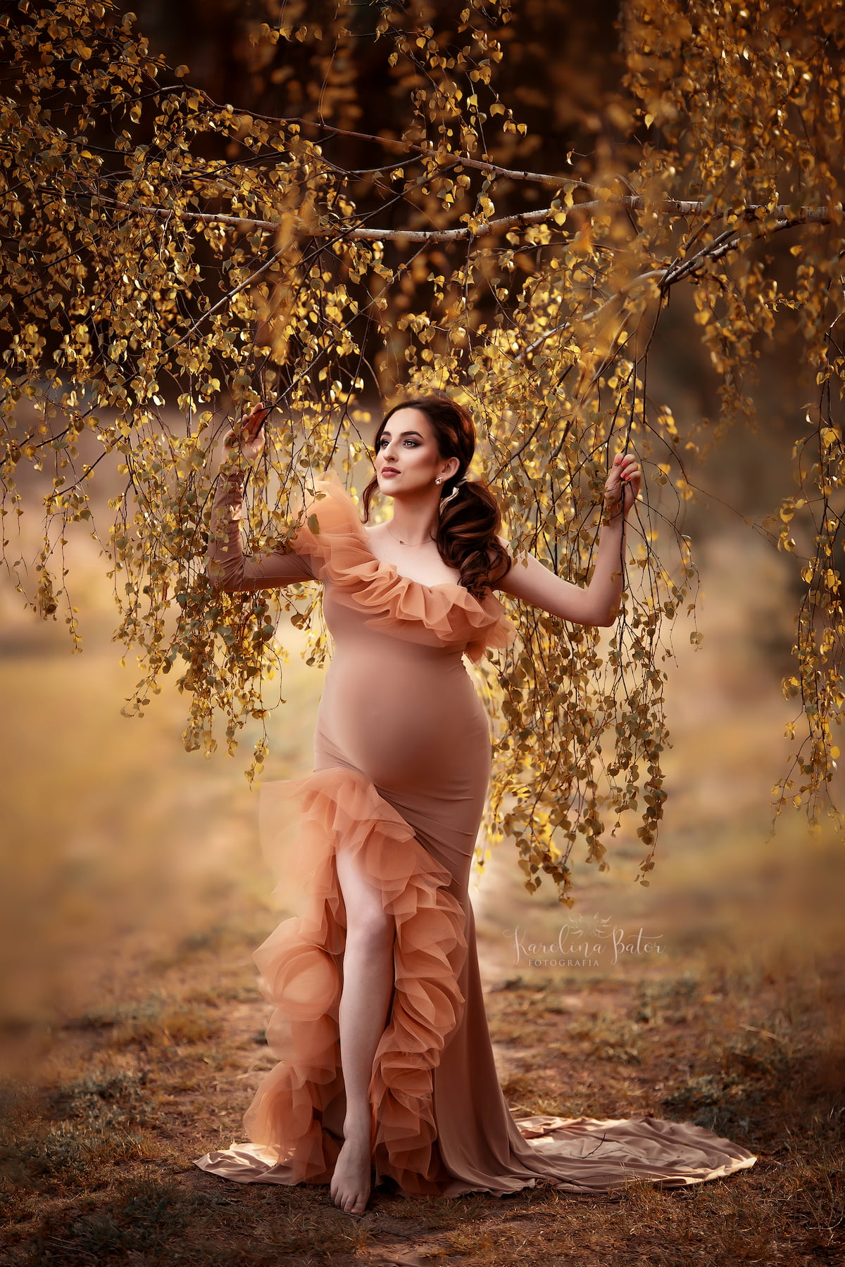 fitted maternity gown with asymmetrical tulle decoration fine art outdoor portrait