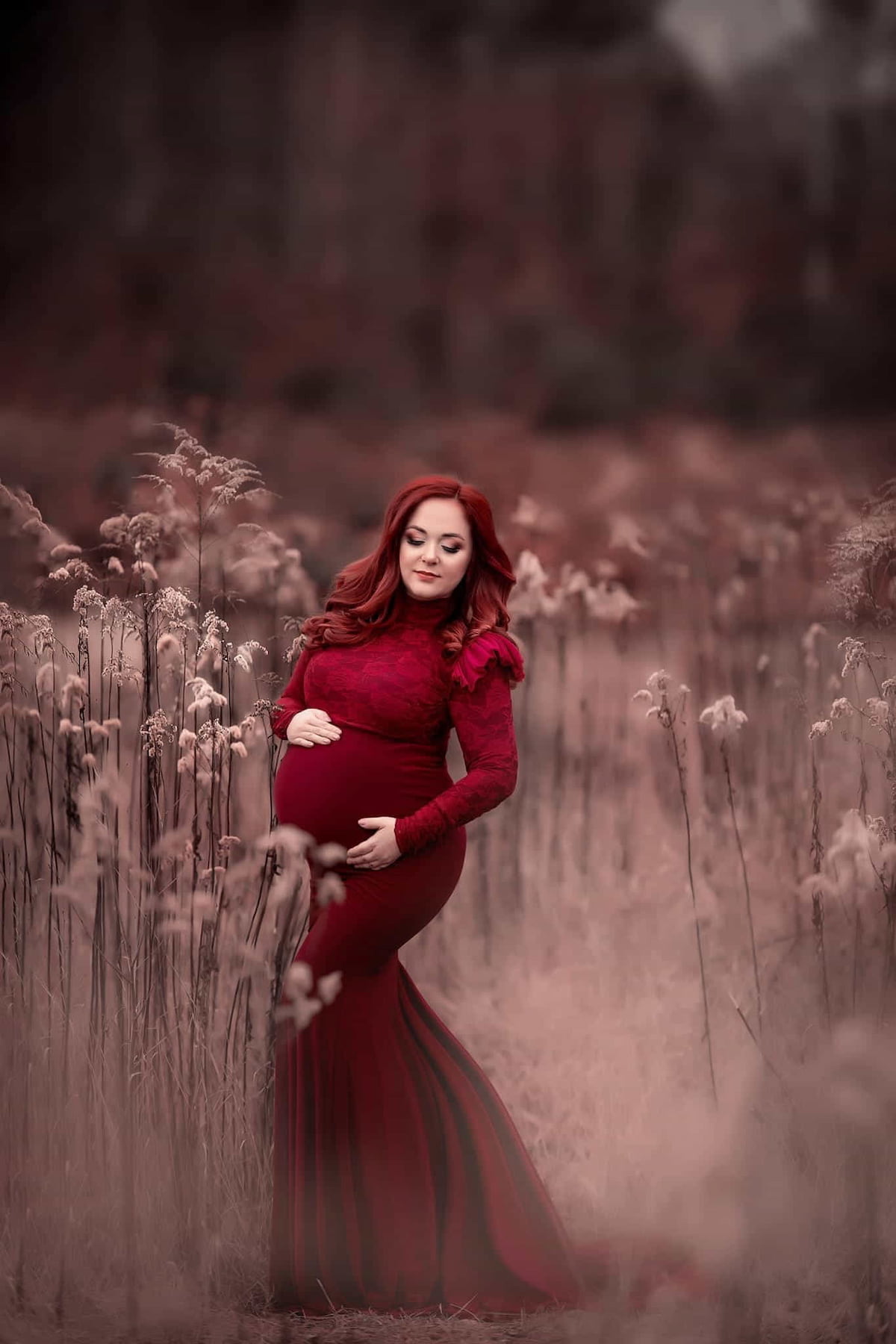 fitted maternity gown jersey base lace overlay