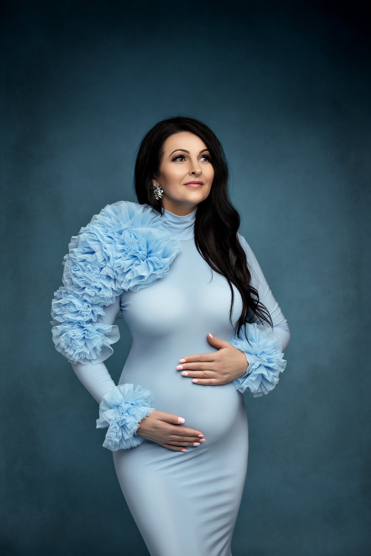 soft stretch maternity dress with tulle details high neck portrait photography