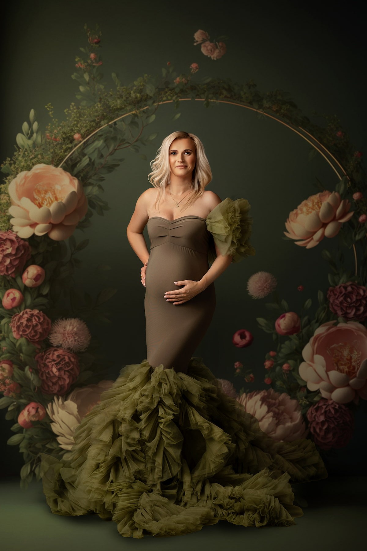 elegant maternity photoshoot gown with long tulle train