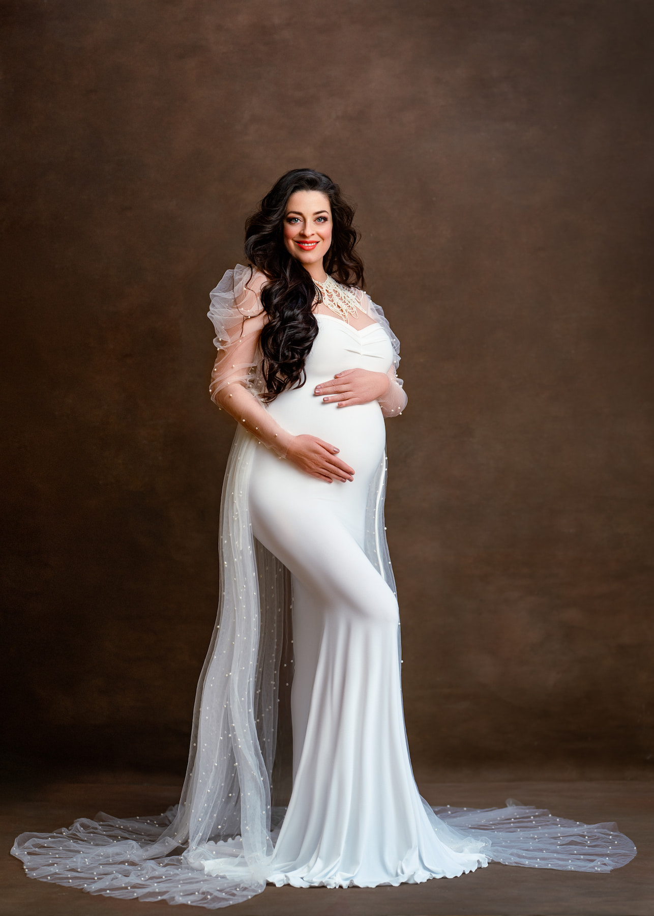 kamaprops Beth elegant pearl tulle maternity photoshoot robe
