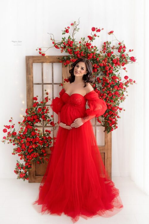 blanca red tulle maternity photoshoot gown