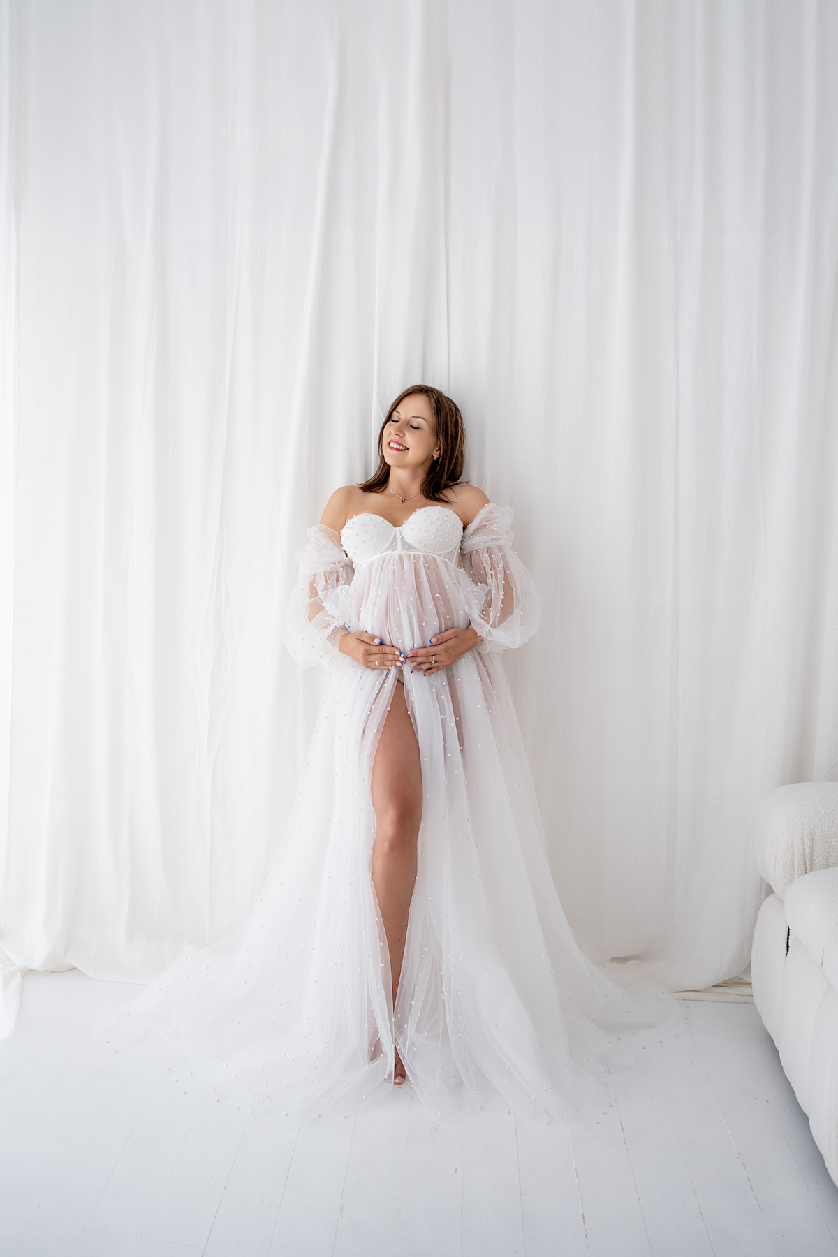 maternity photoshoot dress with pearl embellished tulle