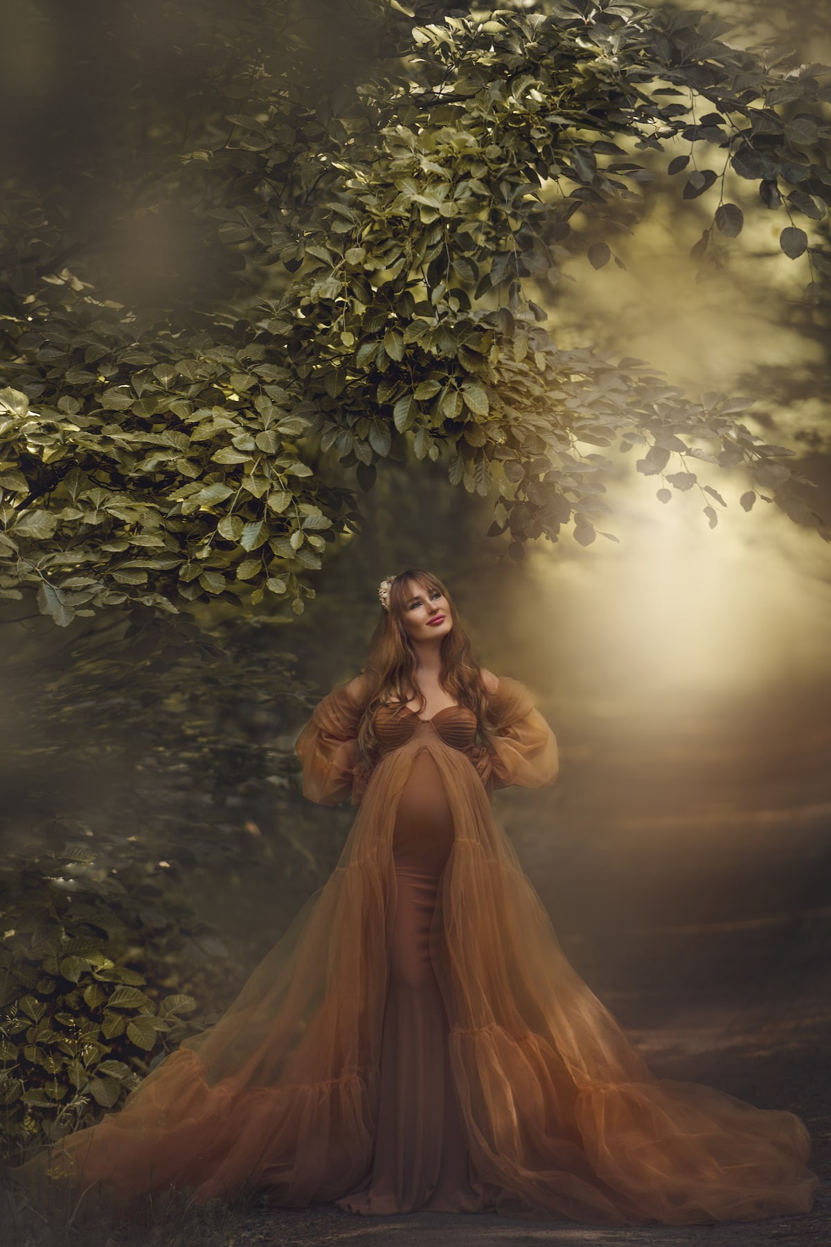 maternity photoshoot in cinnamon tulle gown with dramatic sleeves