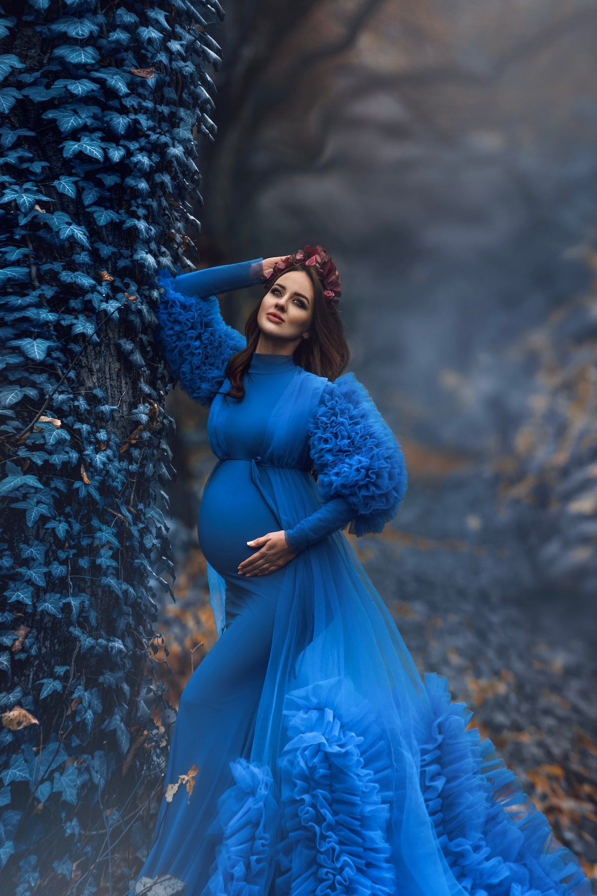 fine art maternity photoshoot dress with layered tulle