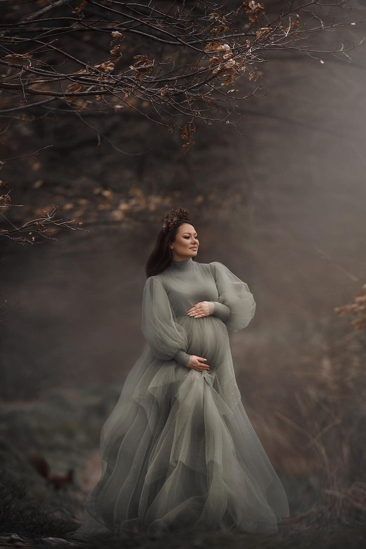 romantic forest maternity photoshoot dress