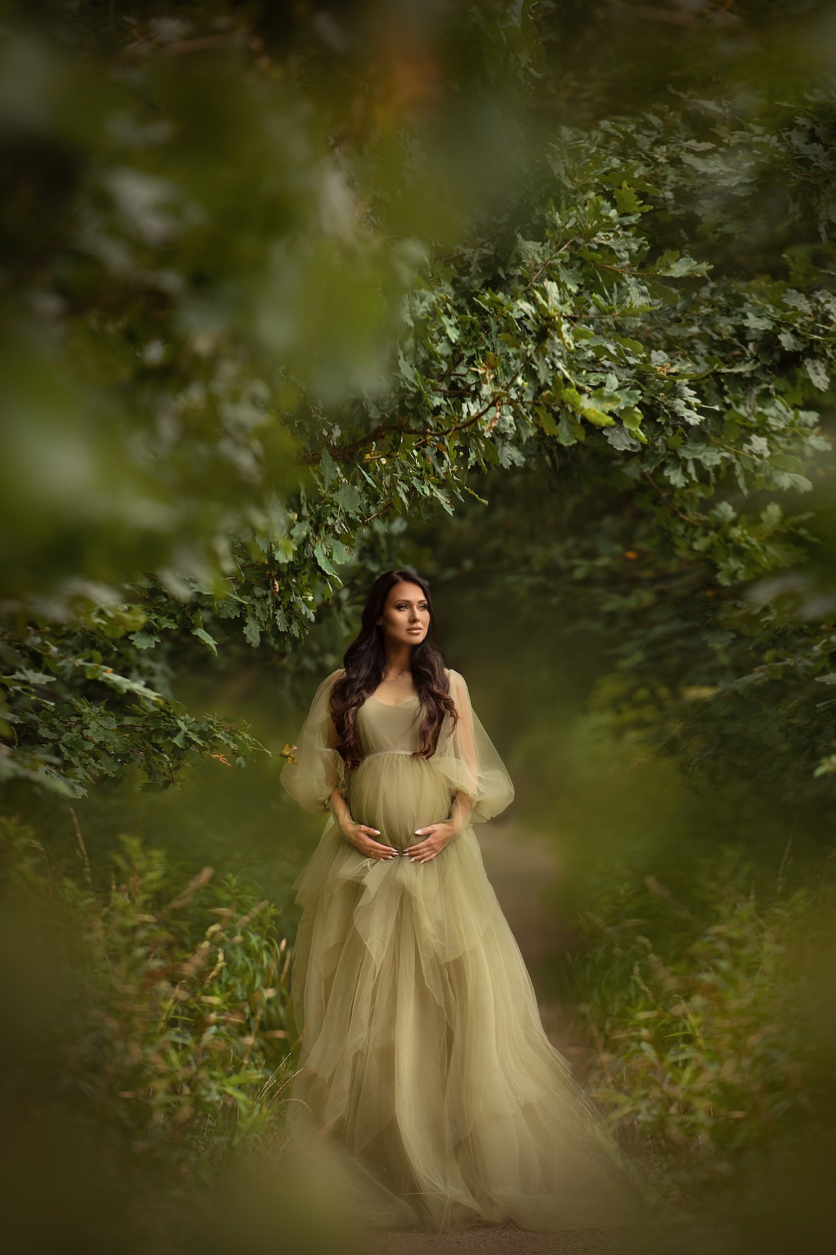 elegant maternity gown with high neck