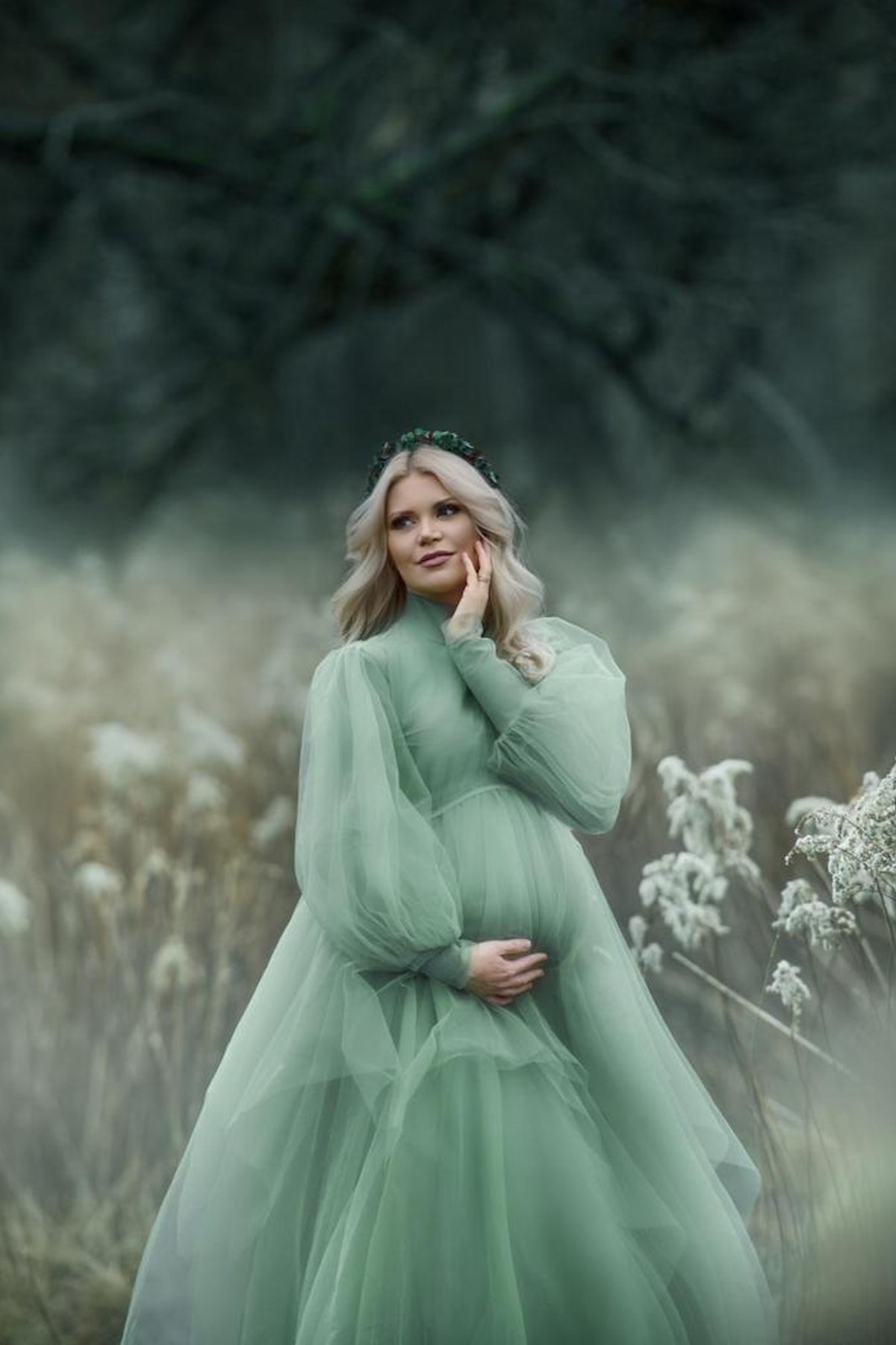 three piece maternity gown with sheer sleeves