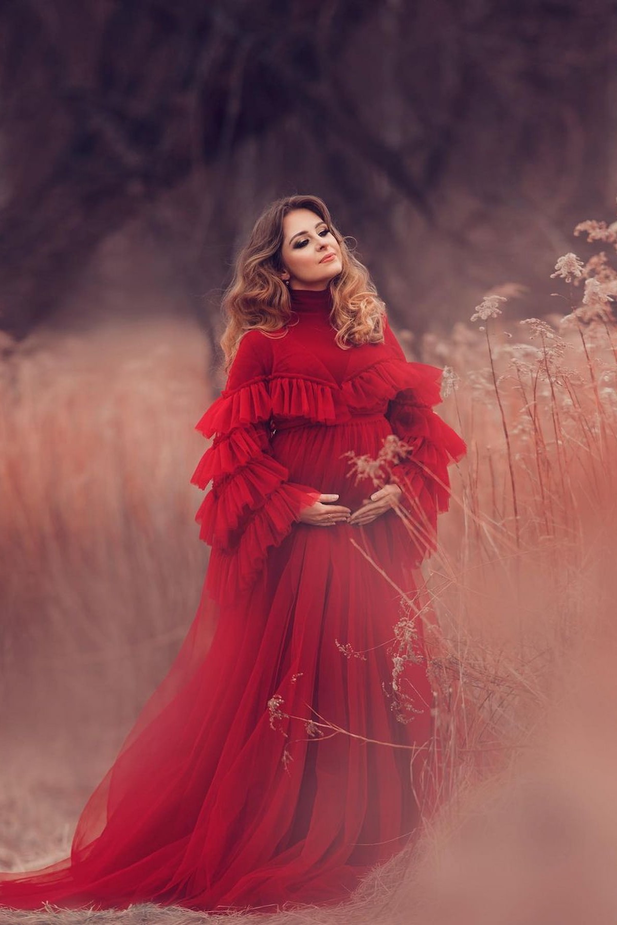 maternity dress with knit base layer and tulle gown