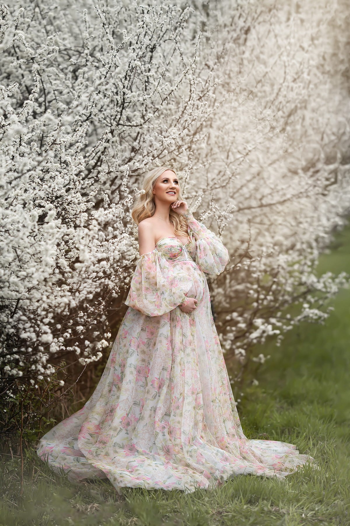 Flowing Primavera gown with delicate floral print, ideal for outdoor maternity photography among blooming trees.