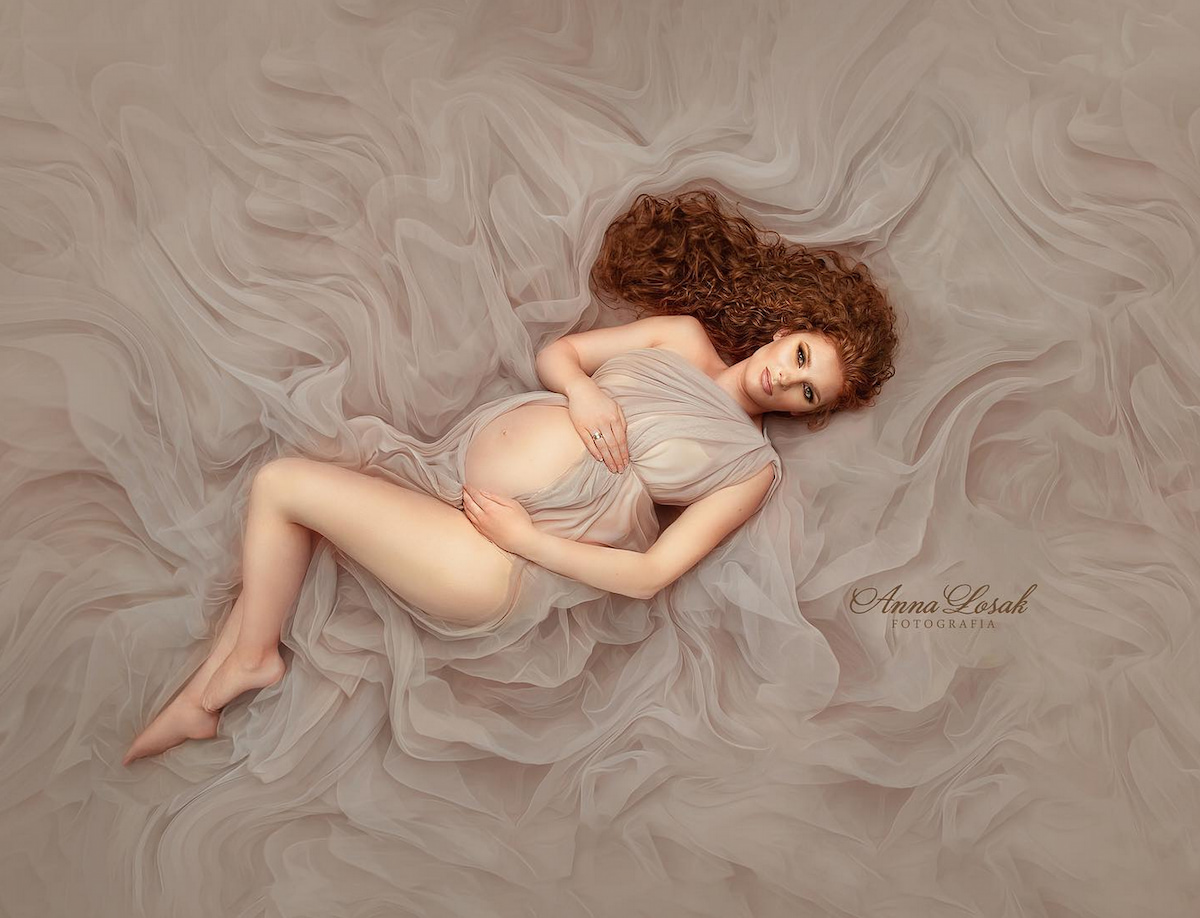beige tulle maternity wrap photoshoot pregnancy outfit elegant studio styling