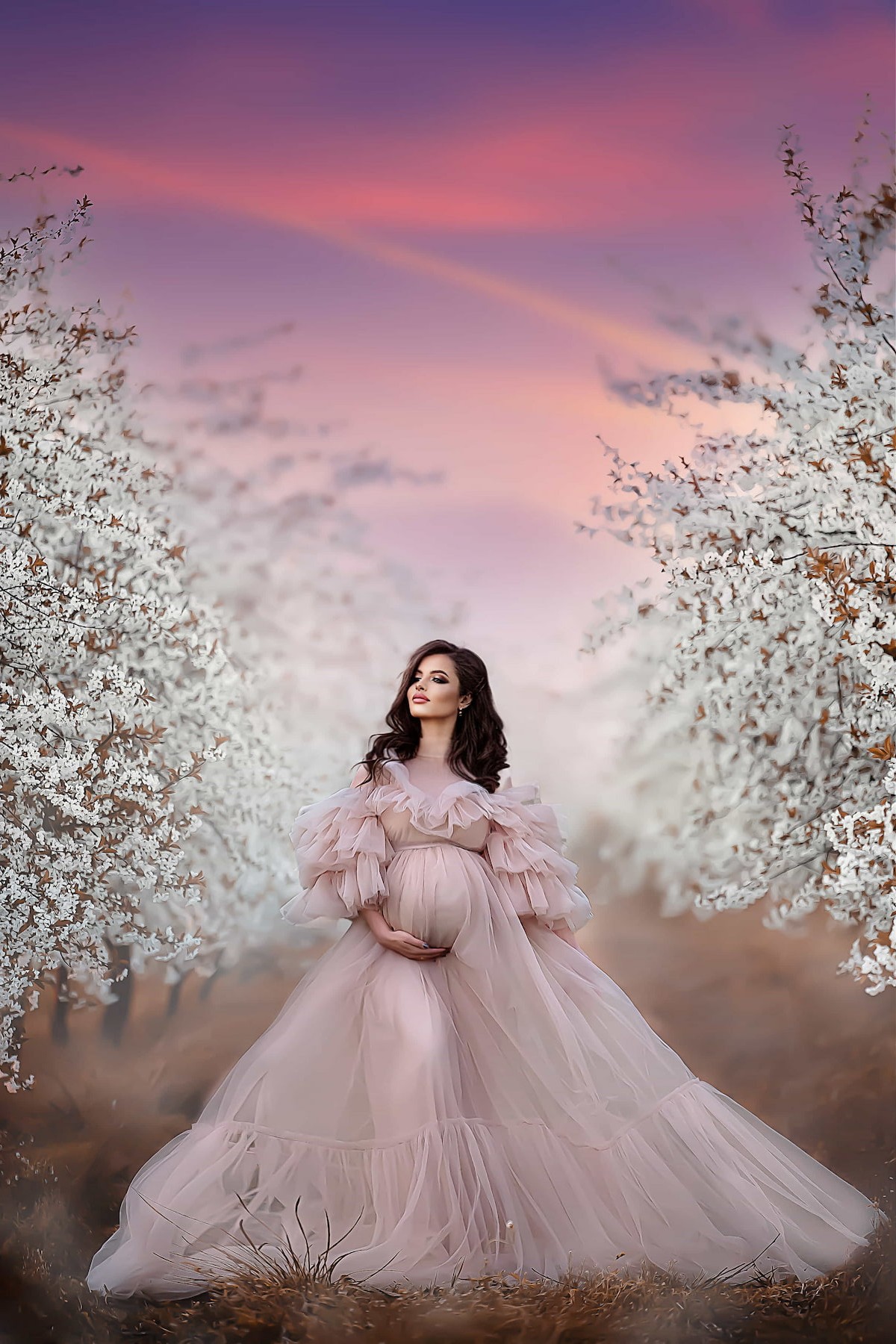 maternity photography styling with layered tulle gown