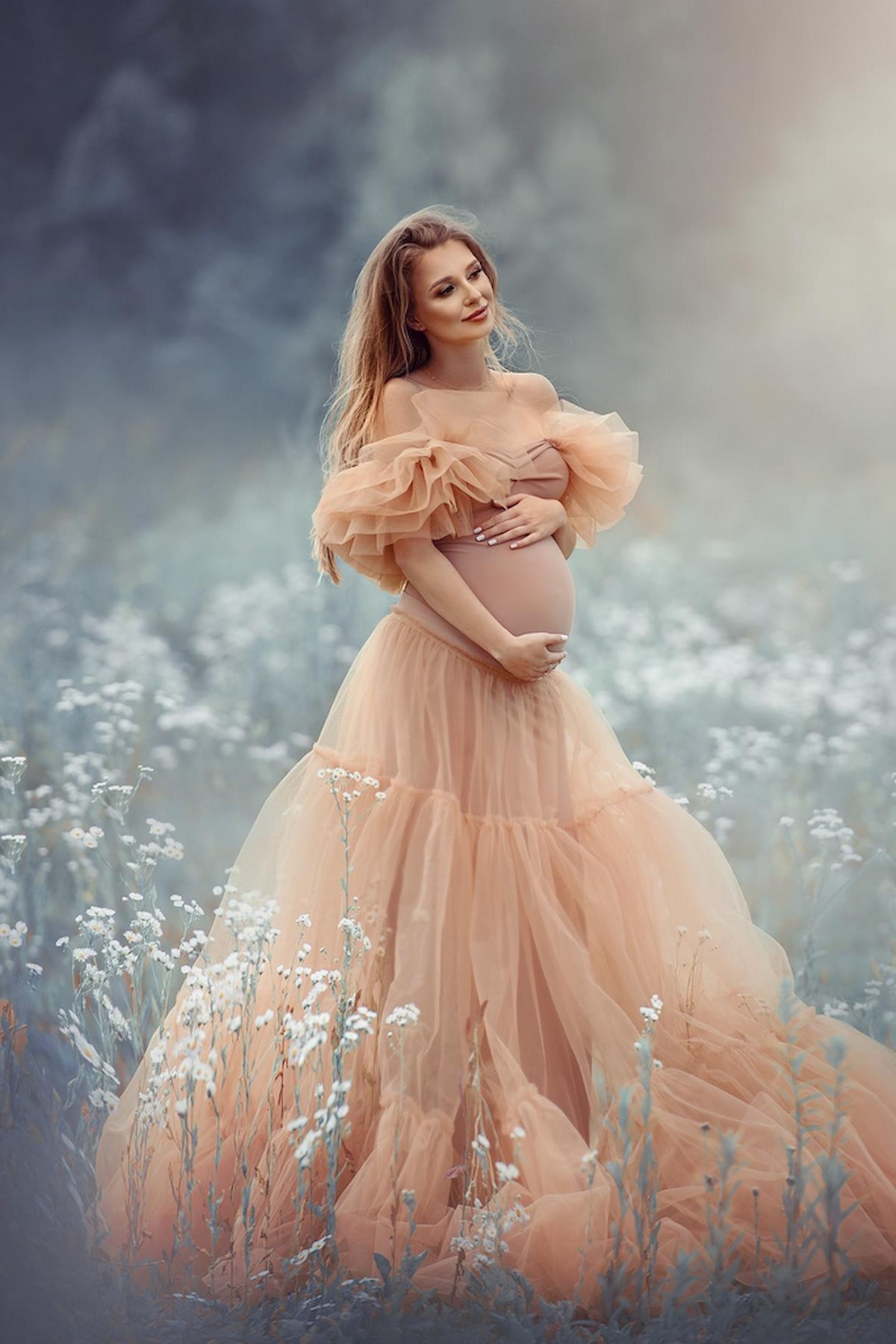 romantic maternity gown with layered tulle skirt