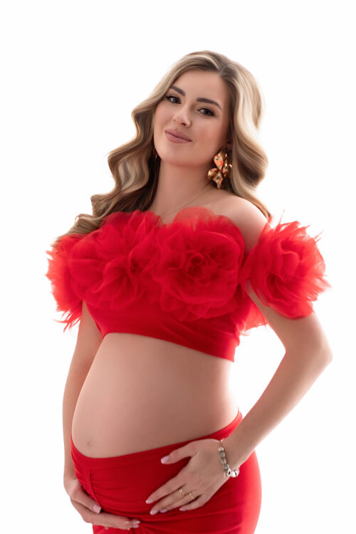 Red rose wrap accessory with handmade tulle flowers styled on shoulders