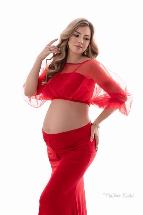 Two-piece maternity top with bandeau and transparent tulle blouse