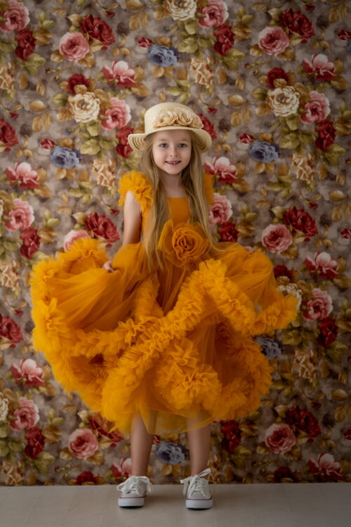 Sylvie mustard gold tulle dress for girls with ruffled skirt – Kamaprops